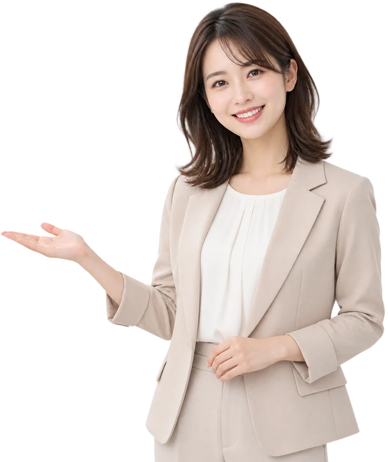 笑顔で手のひらを向けて案内する女性