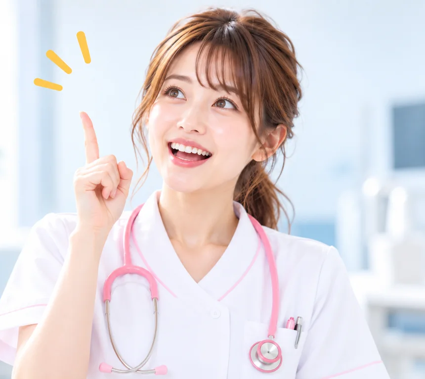 ひらめいた表情で人差し指を立てる看護師