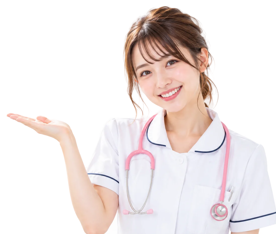 手のひらを上に向けて見出しを案内する看護師